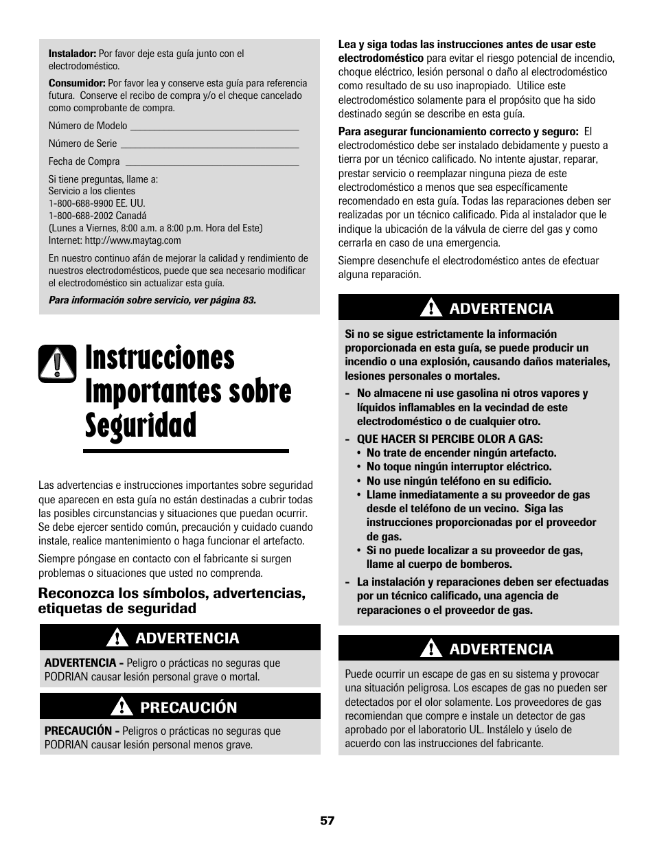 Instrucciones importantes sobre seguridad | Maytag MGS5875BDW User Manual | Page 58 / 84