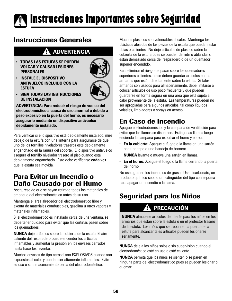 Instrucciones importantes sobre seguridad, Instrucciones generales, Para evitar un incendio o daño causado por el humo | En caso de incendio, Seguridad para los niños | Maytag MGS5875BDW User Manual | Page 59 / 84