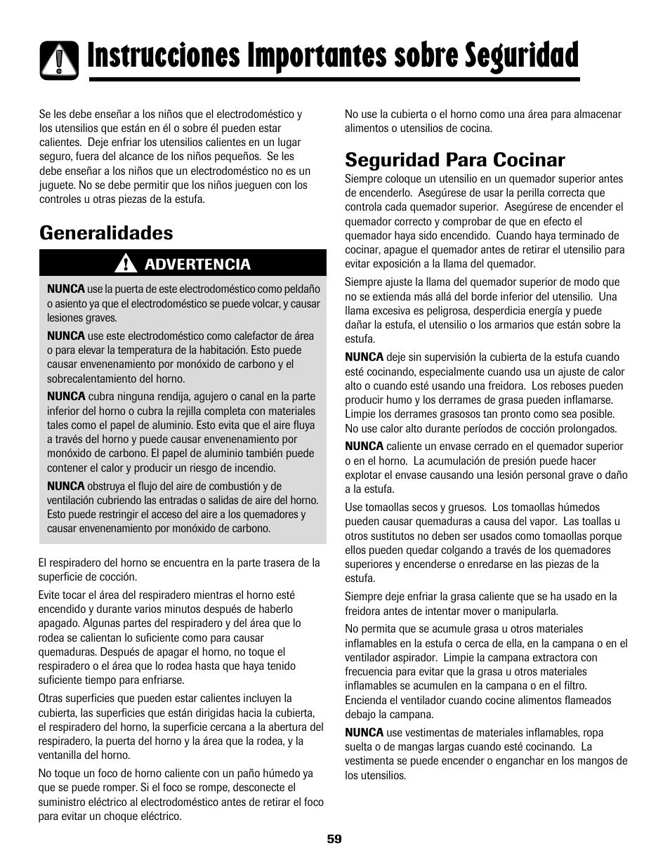 Instrucciones importantes sobre seguridad, Generalidades seguridad para cocinar | Maytag MGS5875BDW User Manual | Page 60 / 84