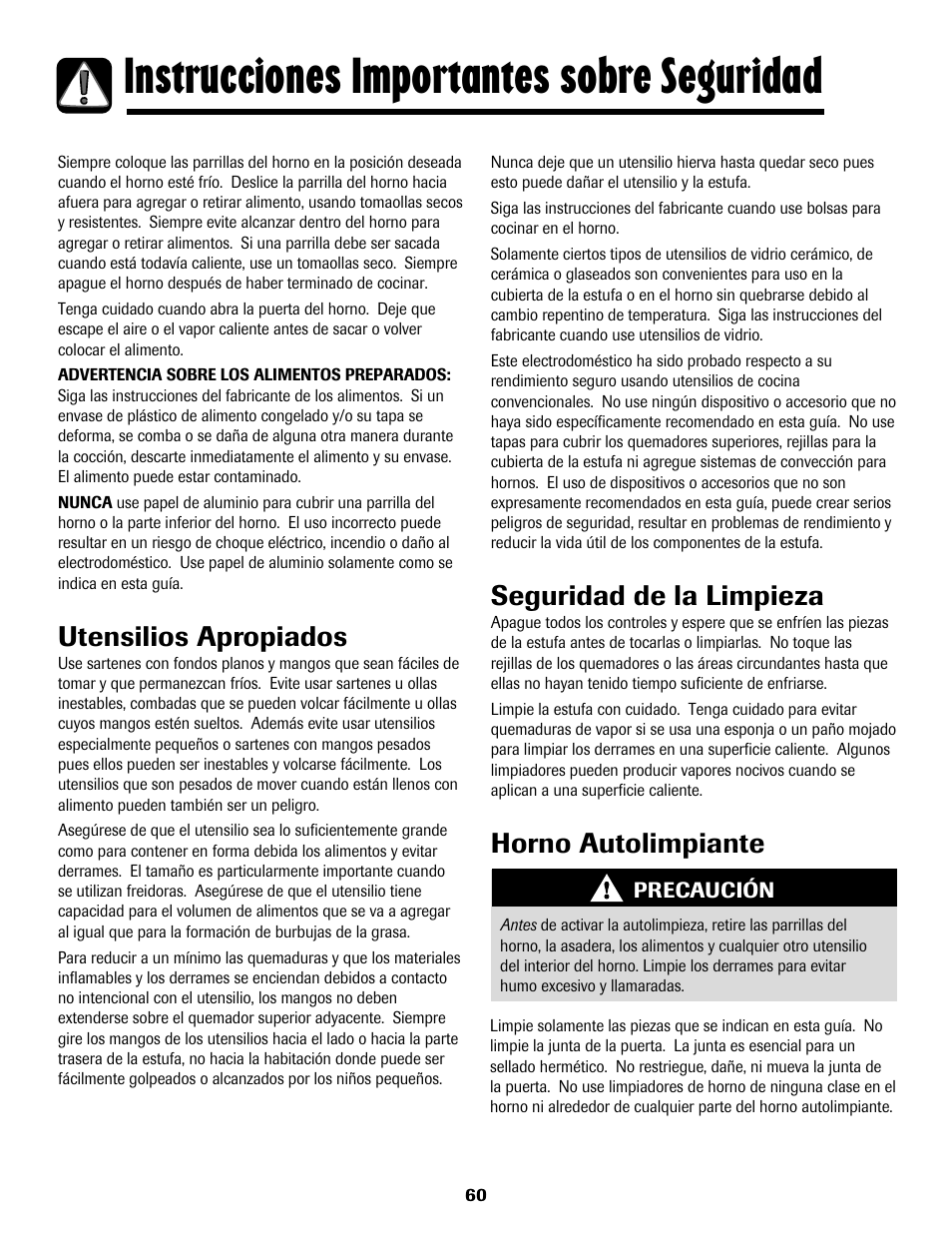 Instrucciones importantes sobre seguridad, Utensilios apropiados, Seguridad de la limpieza | Horno autolimpiante | Maytag MGS5875BDW User Manual | Page 61 / 84