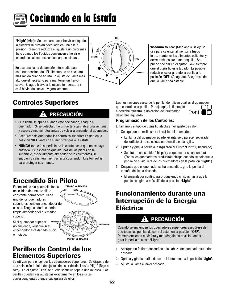 Cocinando en la estufa, Controles superiores encendido sin piloto, Precaución | Maytag MGS5875BDW User Manual | Page 63 / 84