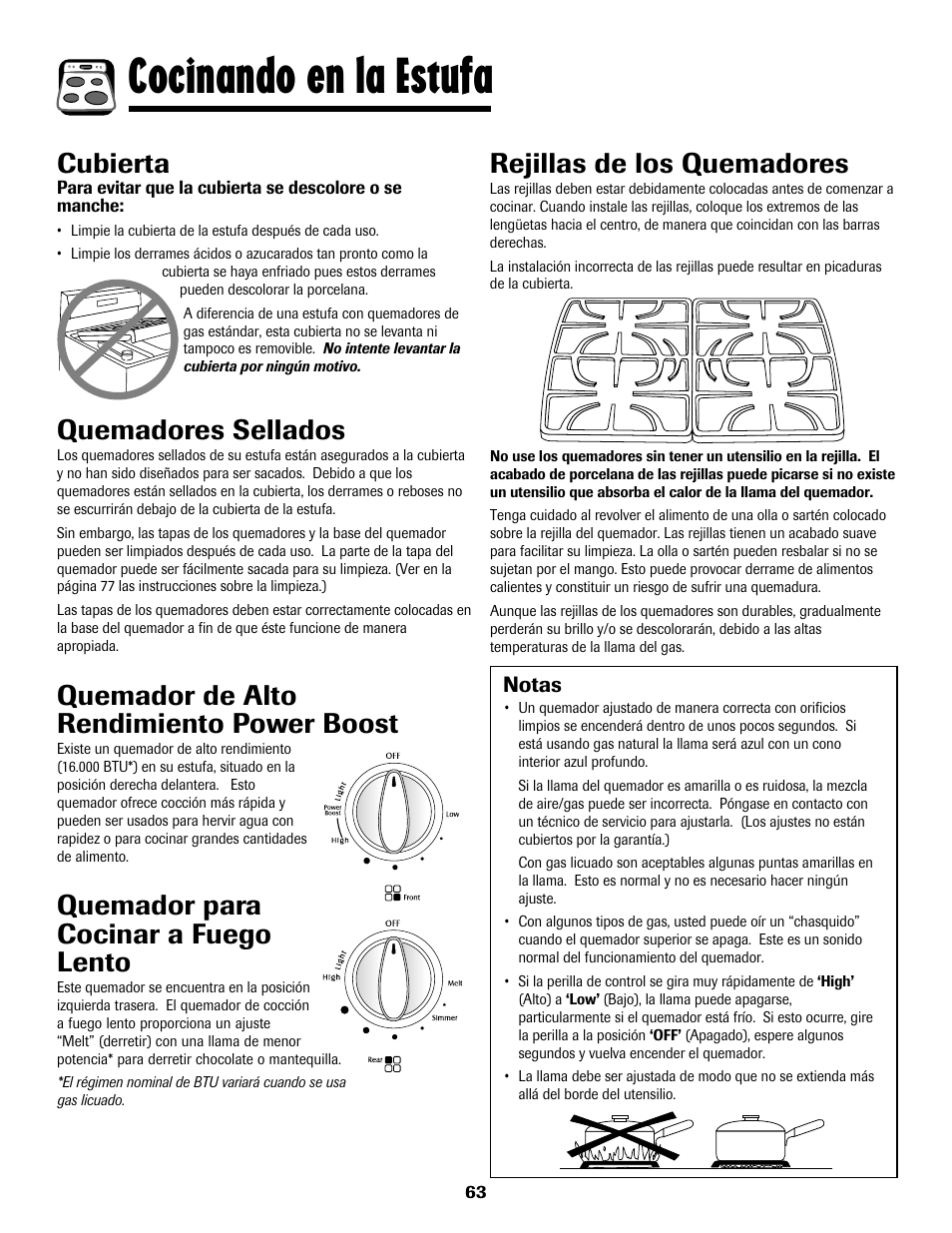 Cocinando en la estufa, Cubierta, Rejillas de los quemadores | Quemadores sellados, Quemador de alto rendimiento power boost, Quemador para cocinar a fuego lento | Maytag MGS5875BDW User Manual | Page 64 / 84