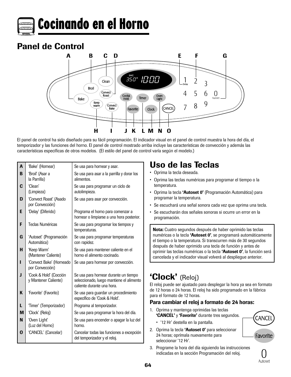 Cocinando en el horno, Panel de control, Uso de las teclas | Clock, Reloj) | Maytag MGS5875BDW User Manual | Page 65 / 84