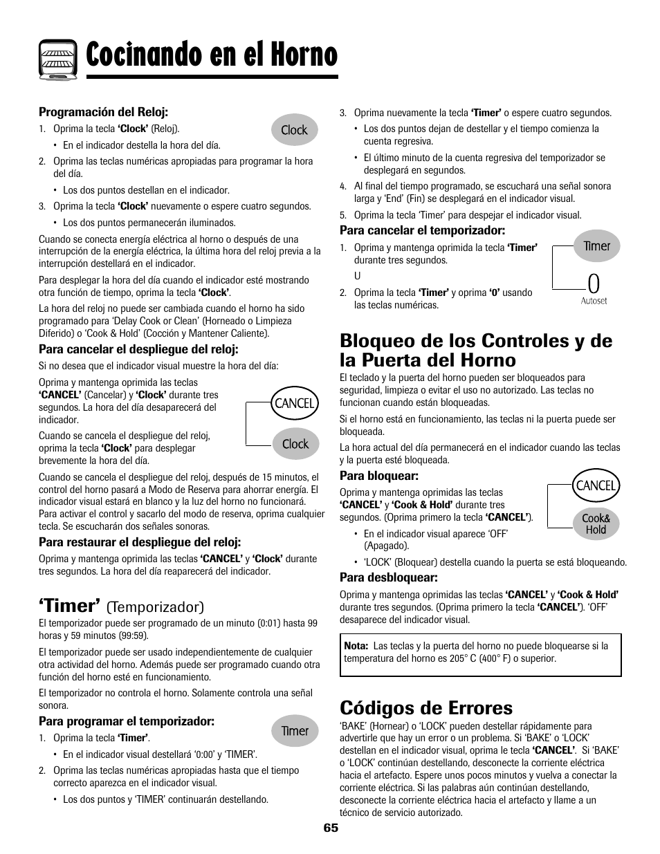 Cocinando en el horno, Timer, Bloqueo de los controles y de la puerta del horno | Códigos de errores, Temporizador) | Maytag MGS5875BDW User Manual | Page 66 / 84