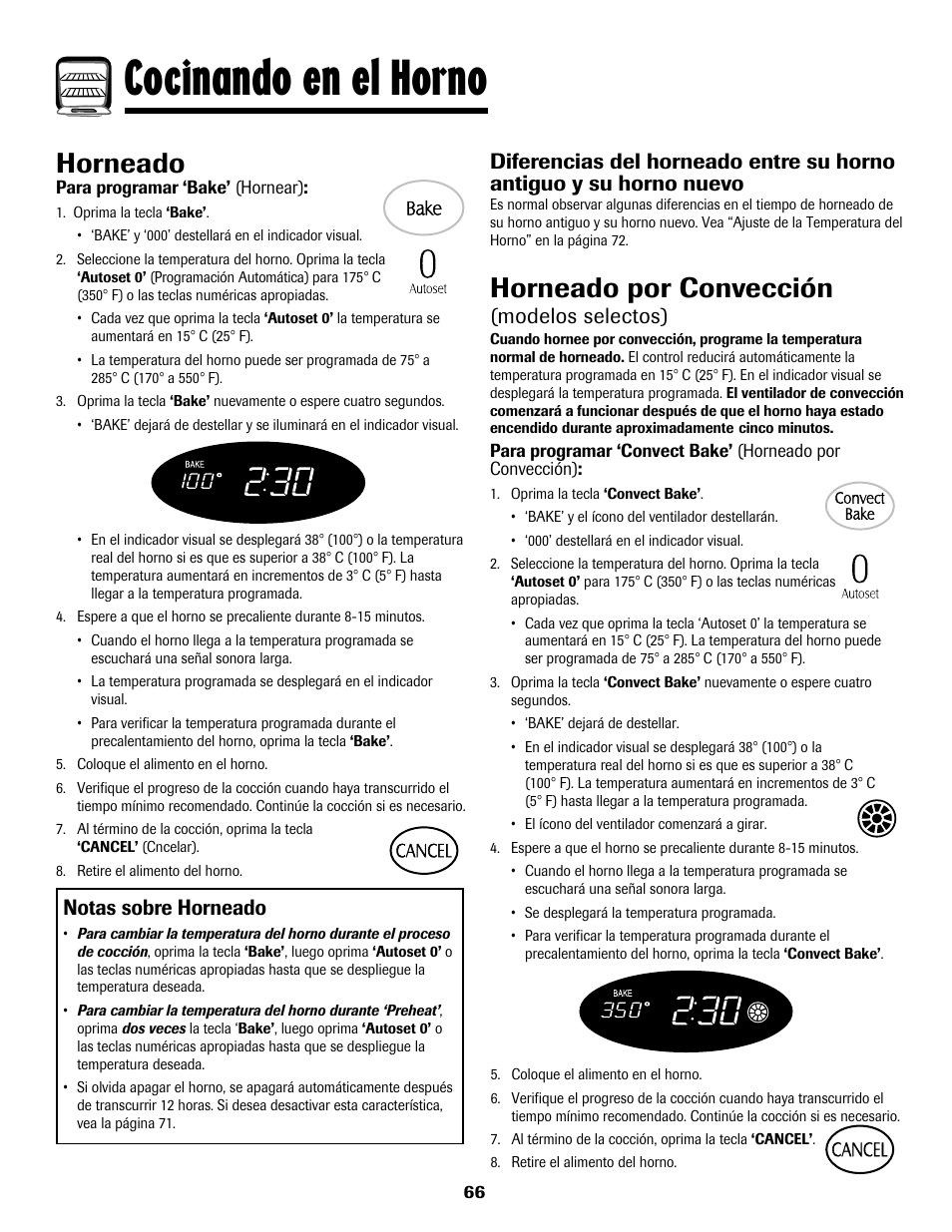 Cocinando en el horno, Horneado, Horneado por convección | Notas sobre horneado, Modelos selectos) | Maytag MGS5875BDW User Manual | Page 67 / 84