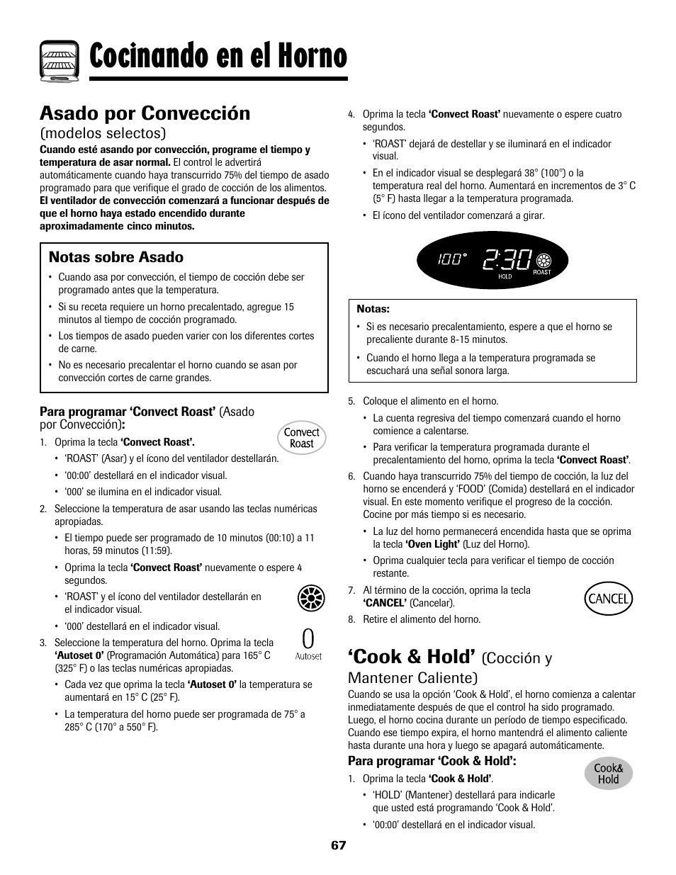 Cocinando en el horno, Asado por convección, Cook & hold | Modelos selectos), Notas sobre asado, Cocción y mantener caliente) | Maytag MGS5875BDW User Manual | Page 68 / 84