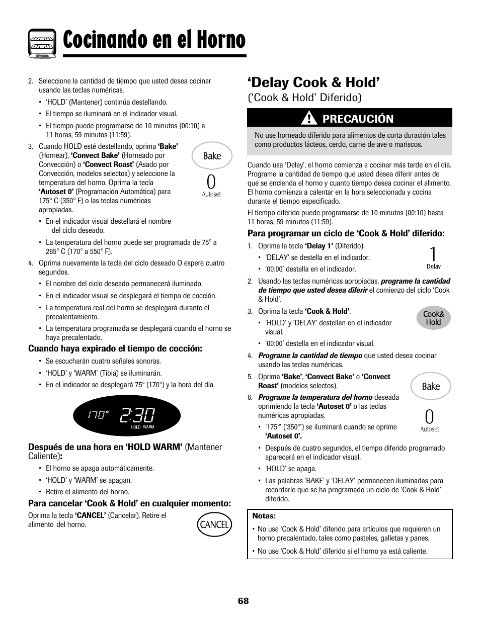 Cocinando en el horno, Delay cook & hold, Cook & hold’ diferido) | Precaución | Maytag MGS5875BDW User Manual | Page 69 / 84