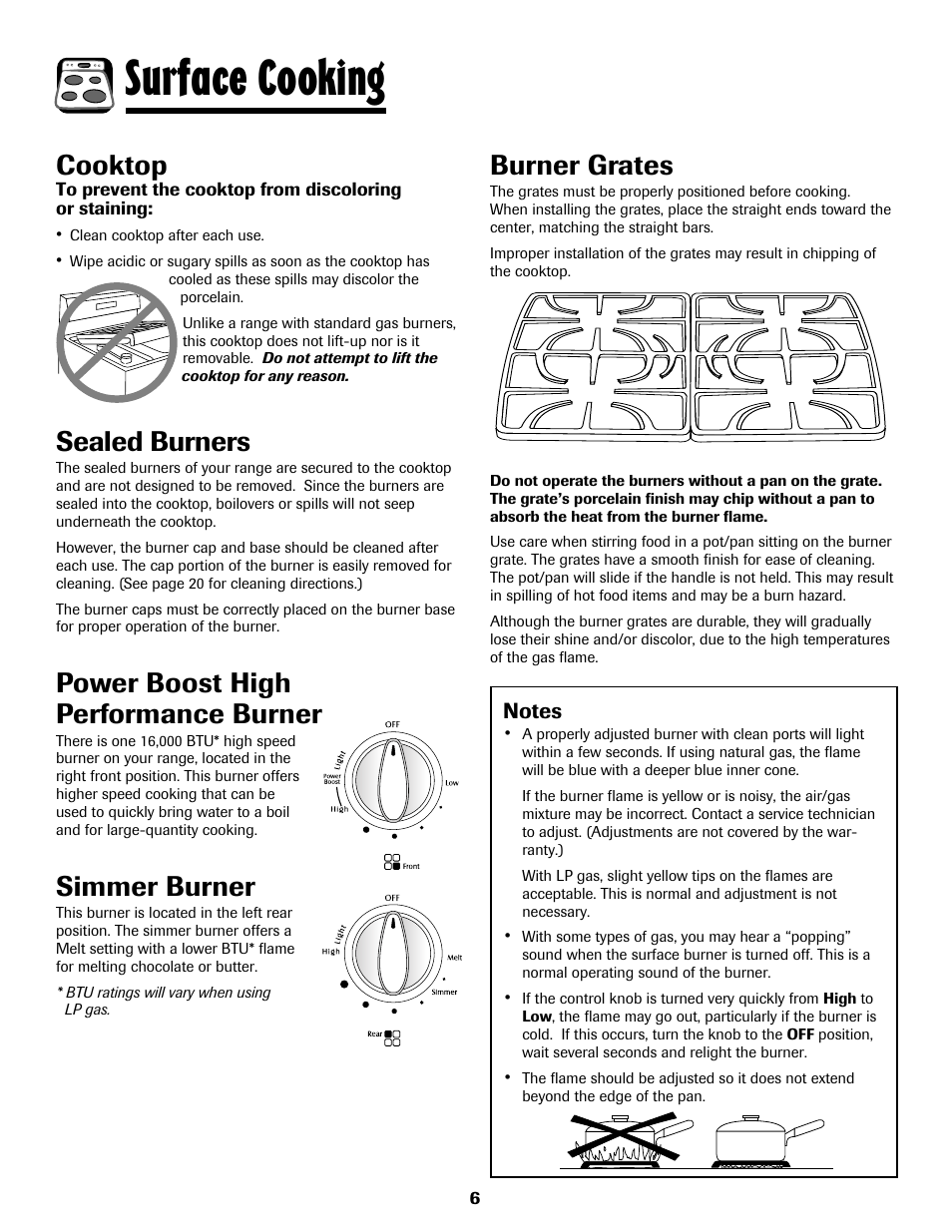 Surface cooking, Cooktop, Burner grates | Sealed burners, Power boost high performance burner, Simmer burner | Maytag MGS5875BDW User Manual | Page 7 / 84