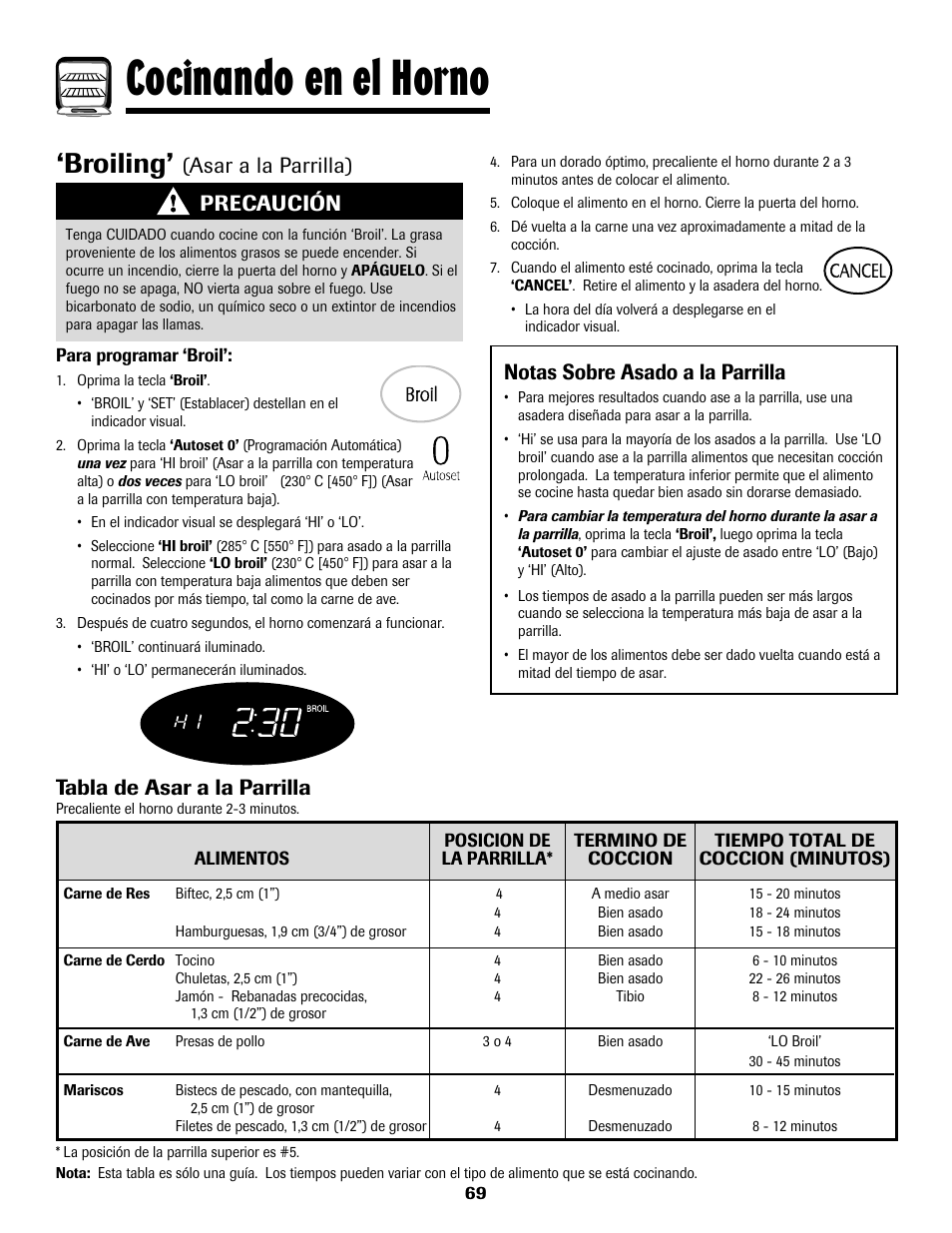 Cocinando en el horno, Broiling, Tabla de asar a la parrilla | Precaución | Maytag MGS5875BDW User Manual | Page 70 / 84