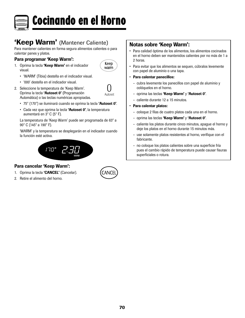 Cocinando en el horno, Keep warm, Mantener caliente) | Notas sobre ‘keep warm | Maytag MGS5875BDW User Manual | Page 71 / 84