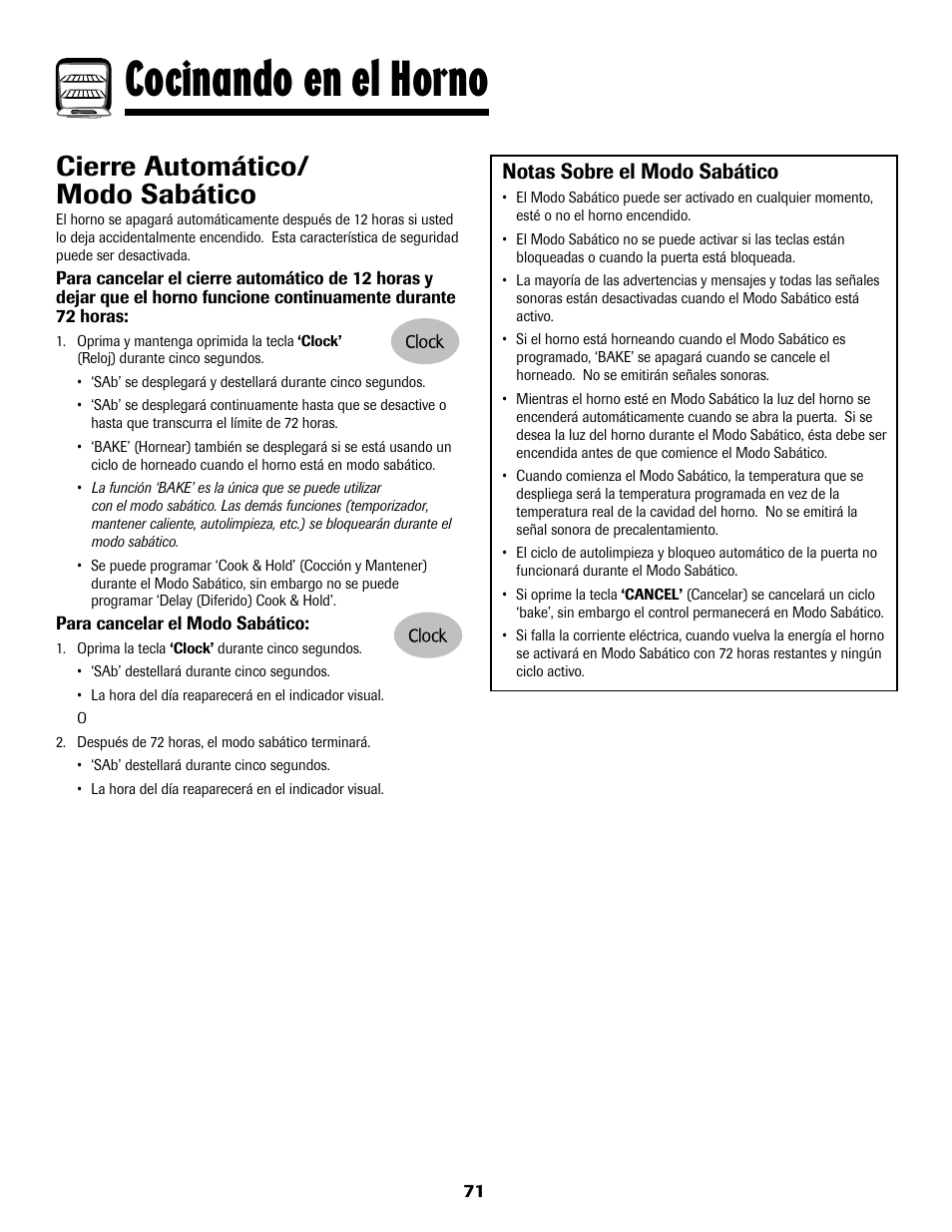 Cocinando en el horno, Cierre automático/ modo sabático, Notas sobre el modo sabático | Maytag MGS5875BDW User Manual | Page 72 / 84