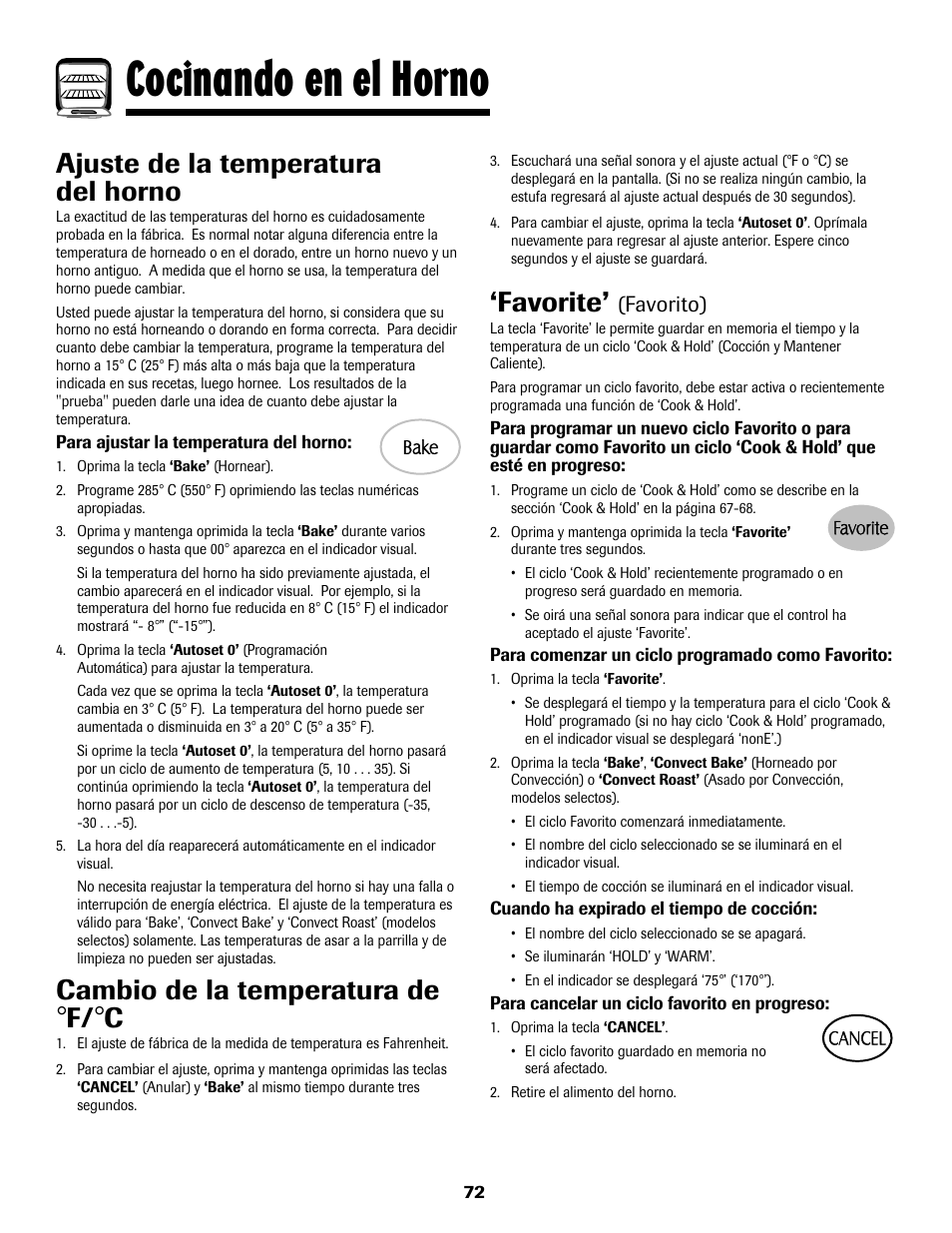 Cocinando en el horno, Favorite, Ajuste de la temperatura del horno | Cambio de la temperatura de, Favorito) | Maytag MGS5875BDW User Manual | Page 73 / 84