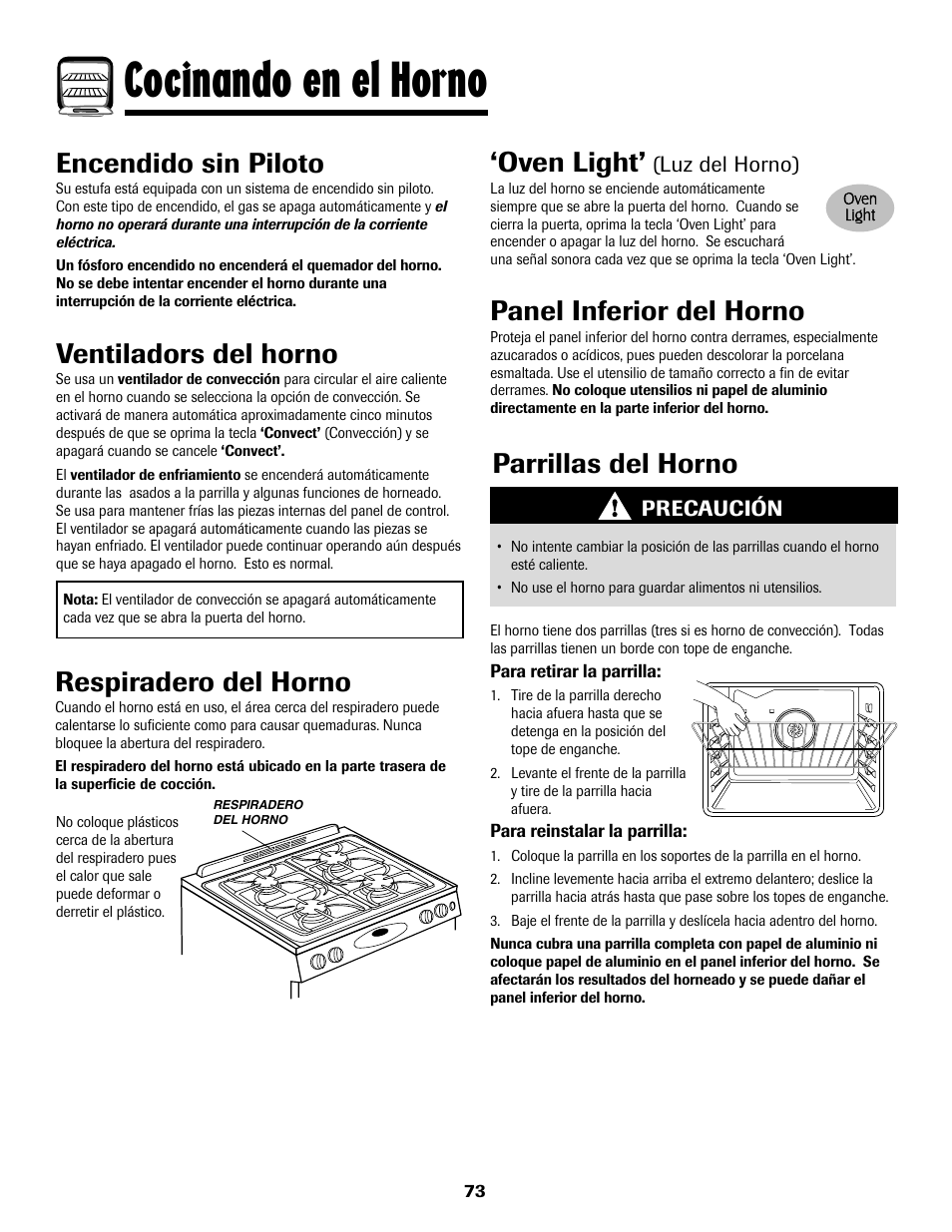 Cocinando en el horno, Oven light, Panel inferior del horno | Ventiladors del horno, Parrillas del horno, Encendido sin piloto, Respiradero del horno | Maytag MGS5875BDW User Manual | Page 74 / 84