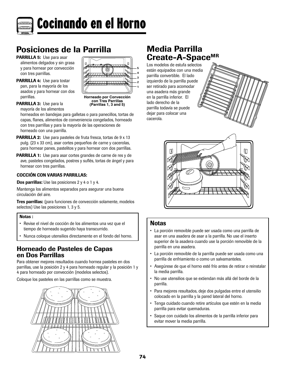 Cocinando en el horno, Media parrilla create-a-space, Posiciones de la parrilla | Notas, Horneado de pasteles de capas en dos parrillas | Maytag MGS5875BDW User Manual | Page 75 / 84