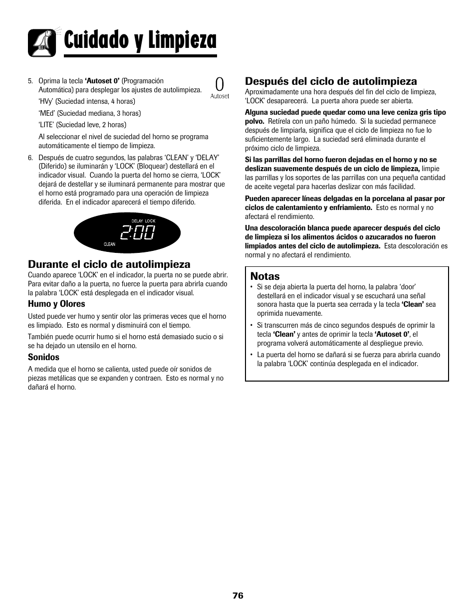 Cuidado y limpieza, Notas, Después del ciclo de autolimpieza | Durante el ciclo de autolimpieza | Maytag MGS5875BDW User Manual | Page 77 / 84