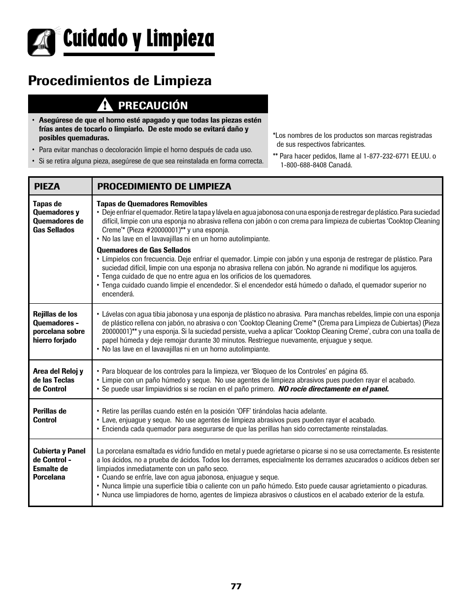 Cuidado y limpieza, Procedimientos de limpieza, Precaución | Maytag MGS5875BDW User Manual | Page 78 / 84