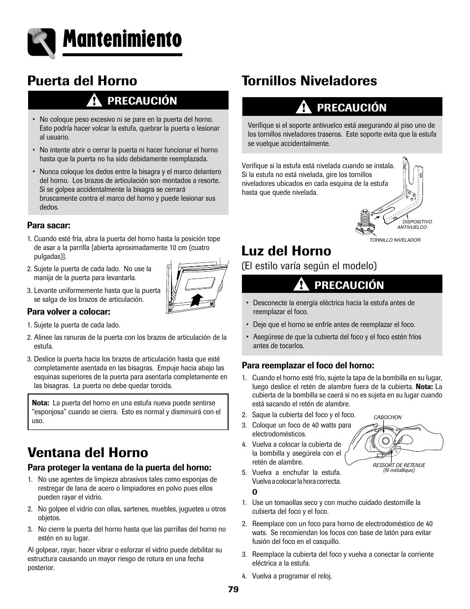 Mantenimiento, Ventana del horno, Luz del horno | Tornillos niveladores, Puerta del horno, El estilo varía según el modelo), Precaución | Maytag MGS5875BDW User Manual | Page 80 / 84