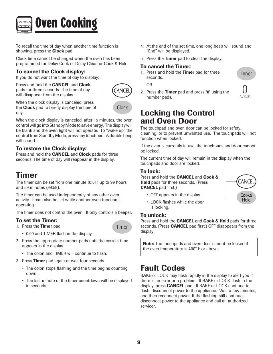 Oven cooking, Timer, Locking the control and oven door | Fault codes | Maytag MER5875RAF User Manual | Page 10 / 84