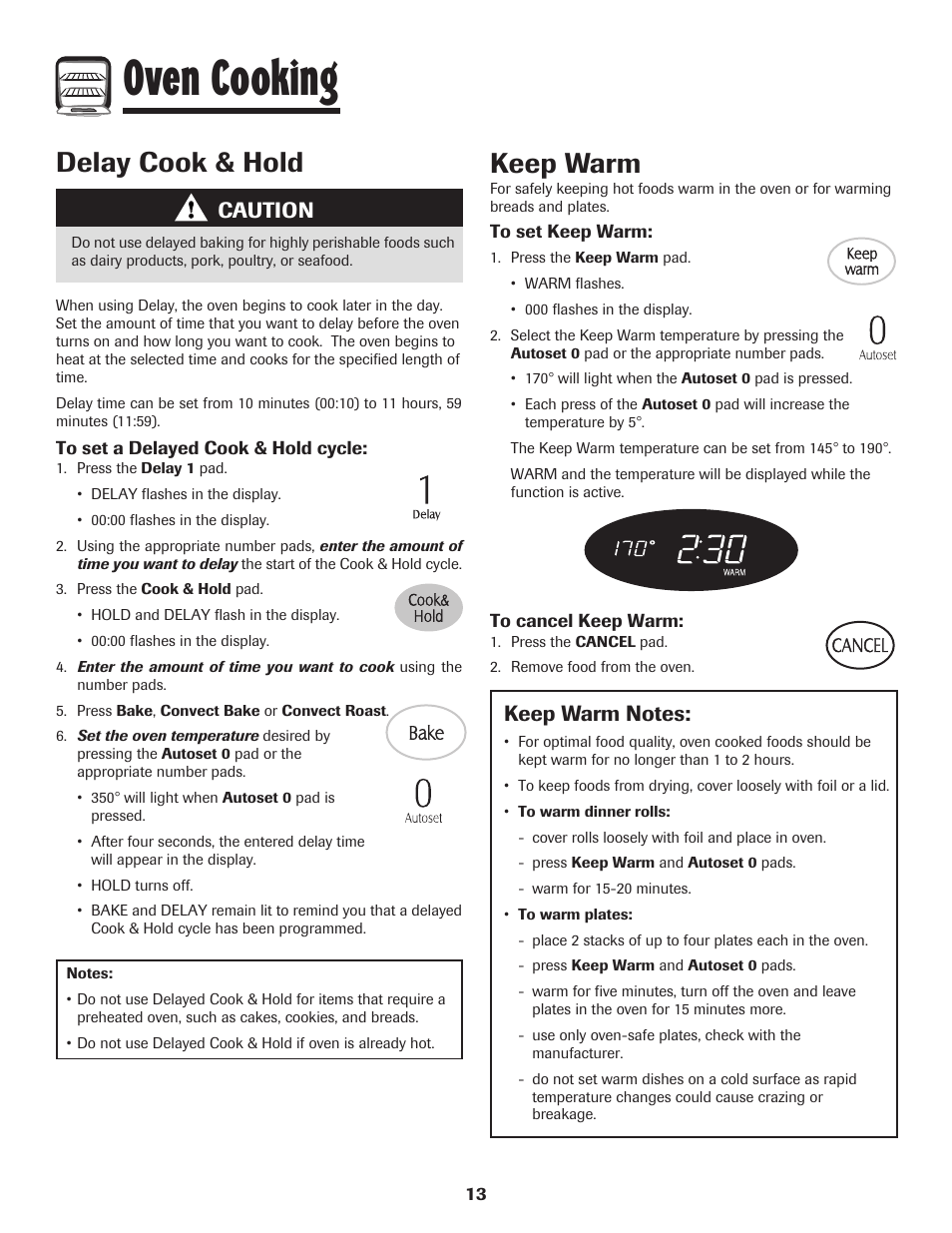 Oven cooking, Keep warm, Delay cook & hold | Caution | Maytag MER5875RAF User Manual | Page 14 / 84