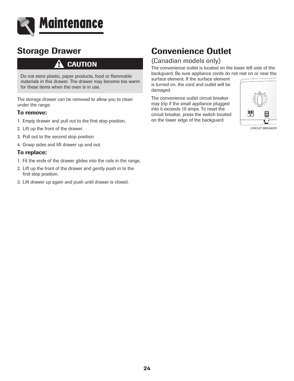 Maintenance, Convenience outlet, Storage drawer | Maytag MER5875RAF User Manual | Page 25 / 84