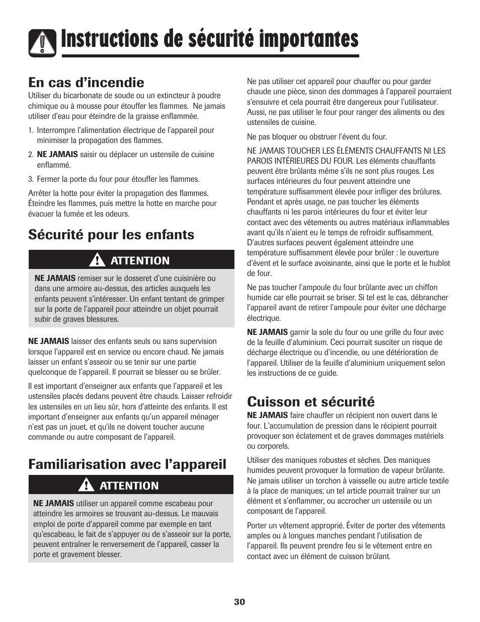 Instructions de sécurité importantes, En cas d’incendie, Sécurité pour les enfants | Cuisson et sécurité, Familiarisation avec l’appareil | Maytag MER5875RAF User Manual | Page 31 / 84