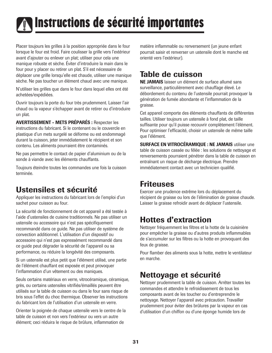 Instructions de sécurité importantes, Ustensiles et sécurité, Table de cuisson | Friteuses, Hottes d’extraction, Nettoyage et sécurité | Maytag MER5875RAF User Manual | Page 32 / 84