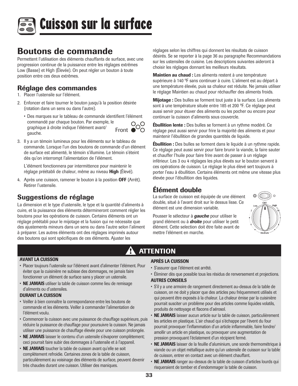 Cuisson sur la surface, Boutons de commande, Réglage des commandes | Suggestions de réglage, Attention, Élément double | Maytag MER5875RAF User Manual | Page 34 / 84