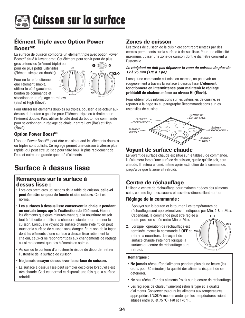 Cuisson sur la surface, Surface à dessus lisse, Remarques sur la surface à dessus lisse | Zones de cuisson, Voyant de surface chaude, Élément triple avec option power boost, Centre de réchauffage | Maytag MER5875RAF User Manual | Page 35 / 84