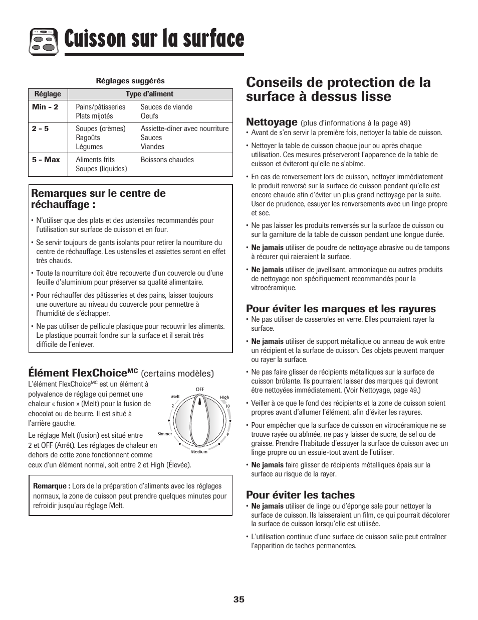 Cuisson sur la surface, Nettoyage, Pour éviter les marques et les rayures | Pour éviter les taches, Remarques sur le centre de réchauffage, Élément flexchoice | Maytag MER5875RAF User Manual | Page 36 / 84