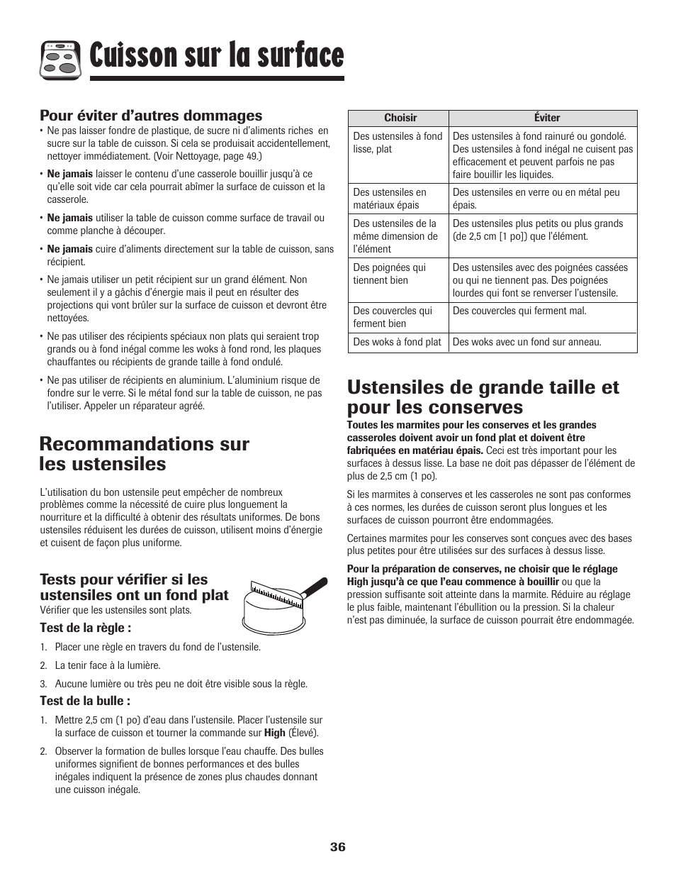 Cuisson sur la surface, Recommandations sur les ustensiles, Ustensiles de grande taille et pour les conserves | Pour éviter d’autres dommages | Maytag MER5875RAF User Manual | Page 37 / 84