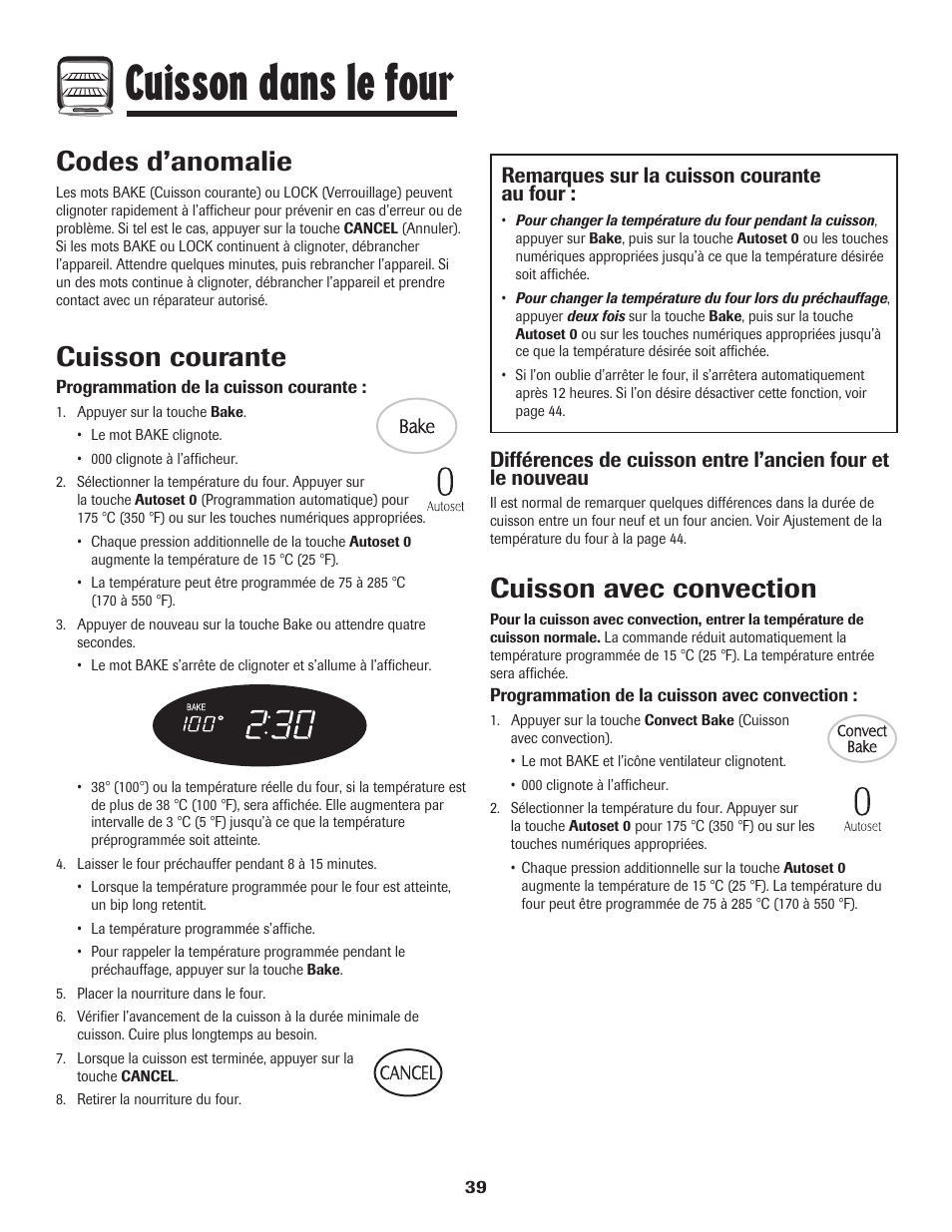 Cuisson dans le four, Codes d’anomalie, Cuisson courante | Cuisson avec convection, Remarques sur la cuisson courante au four | Maytag MER5875RAF User Manual | Page 40 / 84