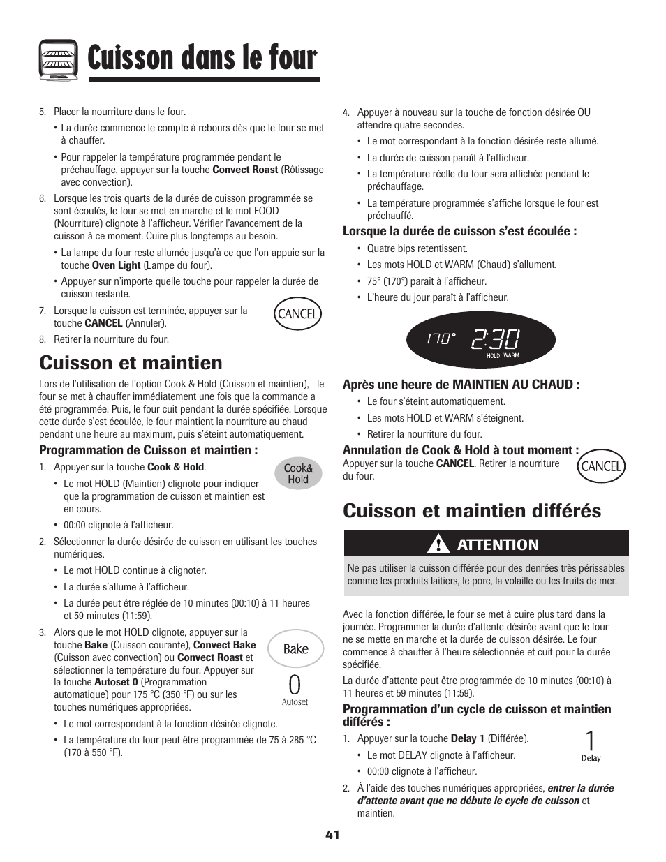 Cuisson dans le four, Cuisson et maintien, Cuisson et maintien différés | Attention | Maytag MER5875RAF User Manual | Page 42 / 84