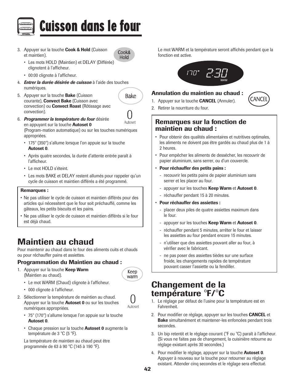 Cuisson dans le four, Maintien au chaud, Changement de la température | Remarques sur la fonction de maintien au chaud | Maytag MER5875RAF User Manual | Page 43 / 84