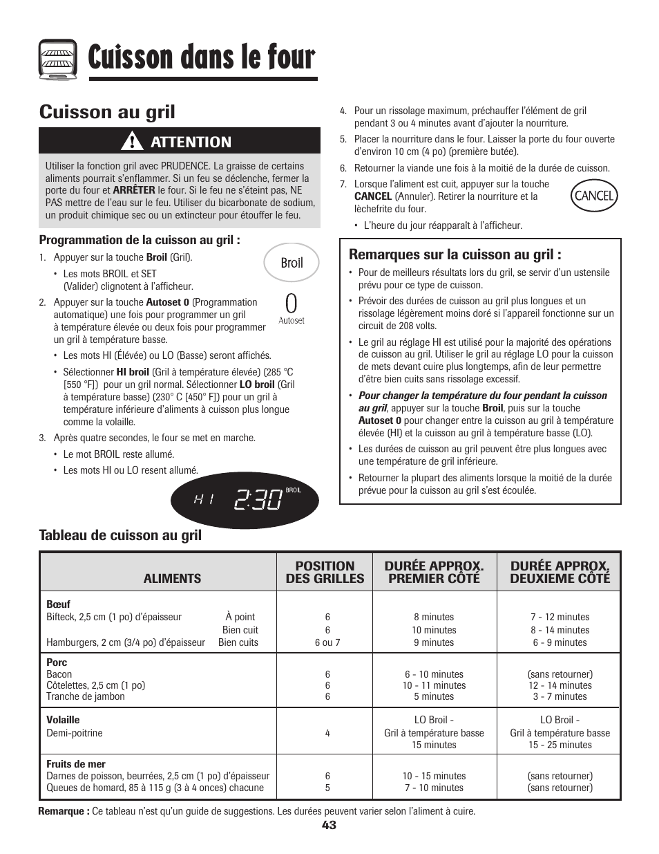 Cuisson dans le four, Cuisson au gril, Remarques sur la cuisson au gril | Tableau de cuisson au gril, Attention | Maytag MER5875RAF User Manual | Page 44 / 84