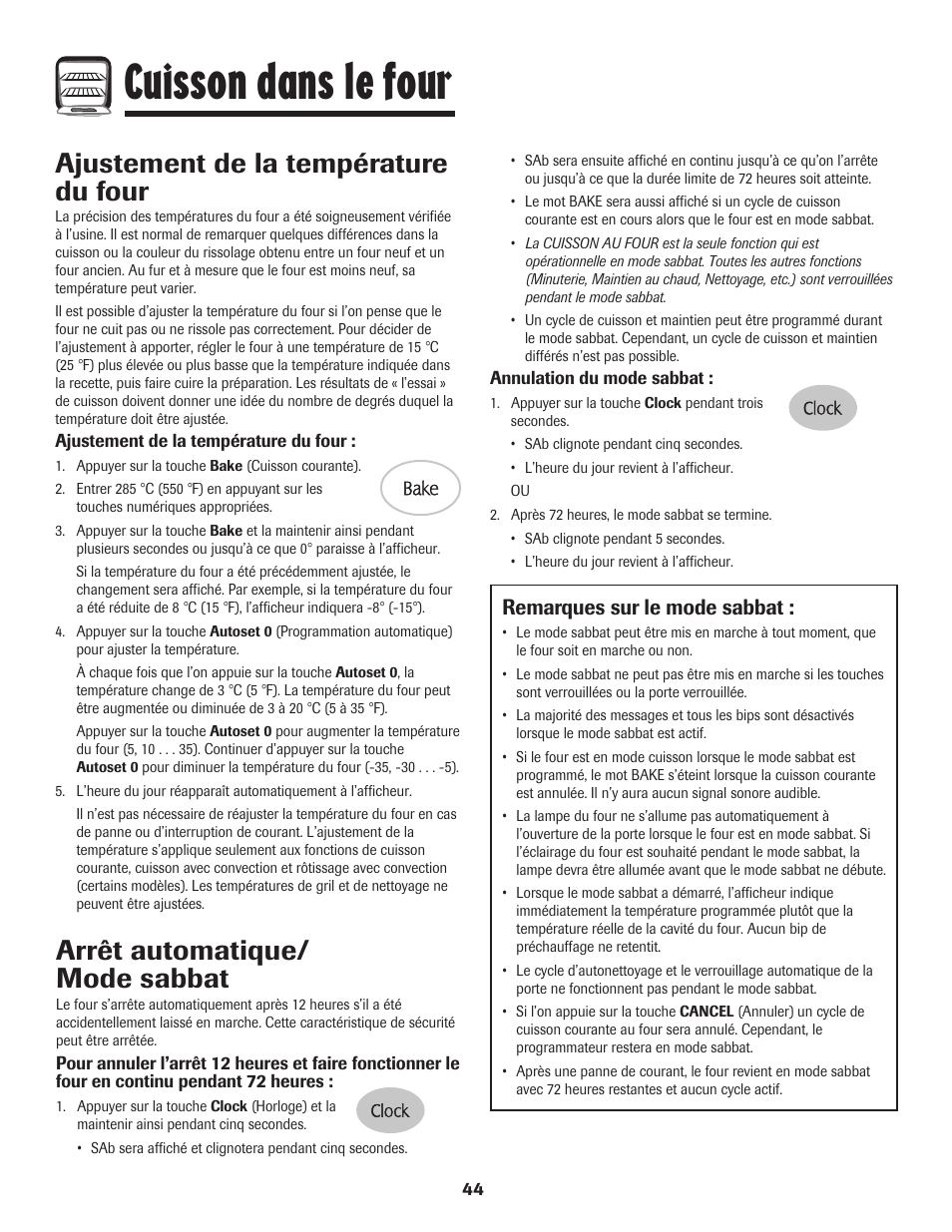 Cuisson dans le four, Arrêt automatique/ mode sabbat, Ajustement de la température du four | Remarques sur le mode sabbat | Maytag MER5875RAF User Manual | Page 45 / 84