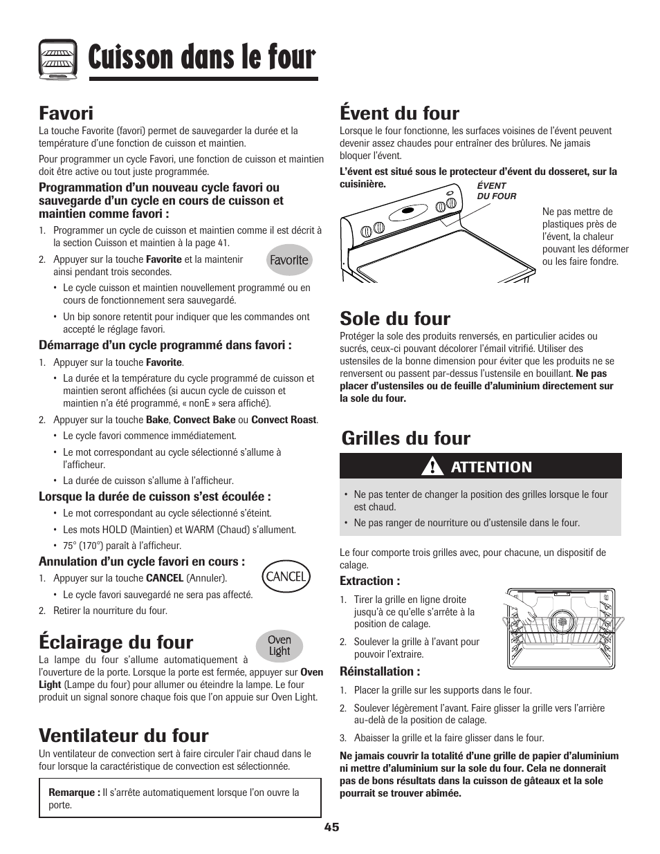 Cuisson dans le four, Sole du four, Ventilateur du four | Évent du four, Grilles du four, Éclairage du four, Favori, Attention | Maytag MER5875RAF User Manual | Page 46 / 84