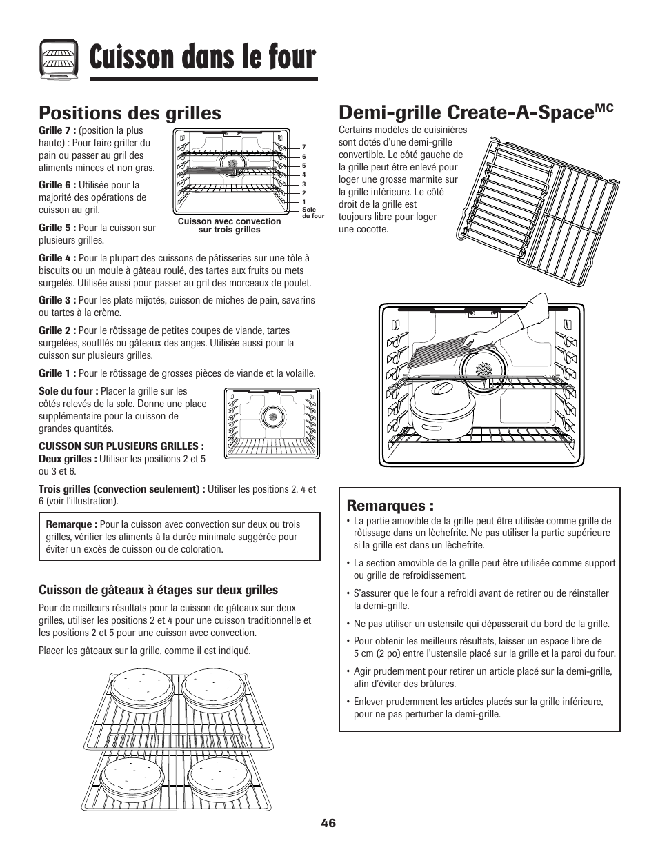 Cuisson dans le four, Demi-grille create-a-space, Positions des grilles | Remarques | Maytag MER5875RAF User Manual | Page 47 / 84