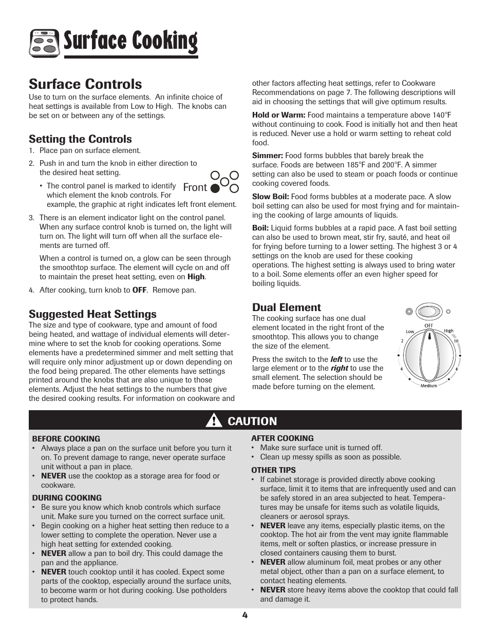 Surface cooking, Surface controls, Setting the controls | Suggested heat settings, Caution, Dual element, Front | Maytag MER5875RAF User Manual | Page 5 / 84