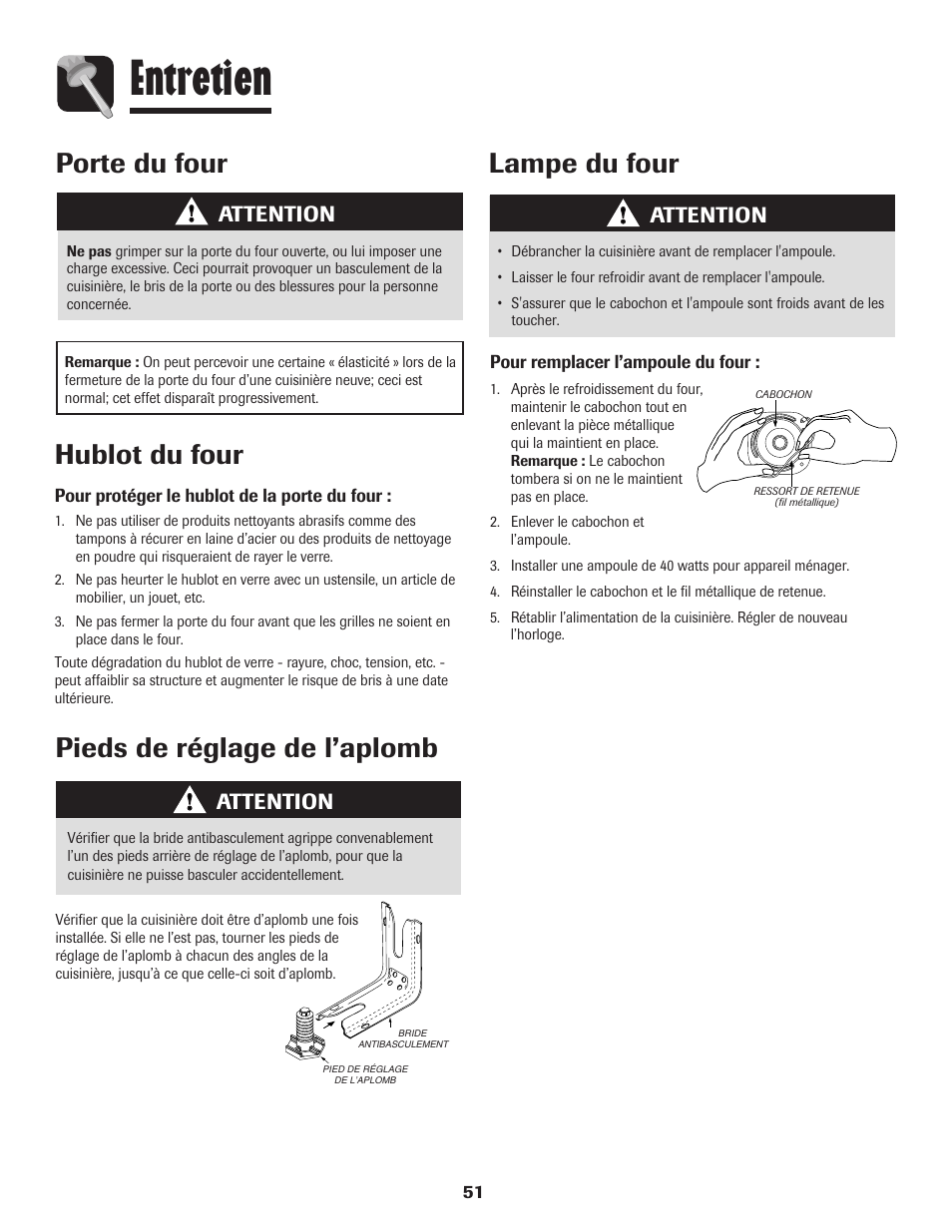 Entretien, Porte du four, Hublot du four | Lampe du four, Pieds de réglage de l’aplomb, Attention | Maytag MER5875RAF User Manual | Page 52 / 84