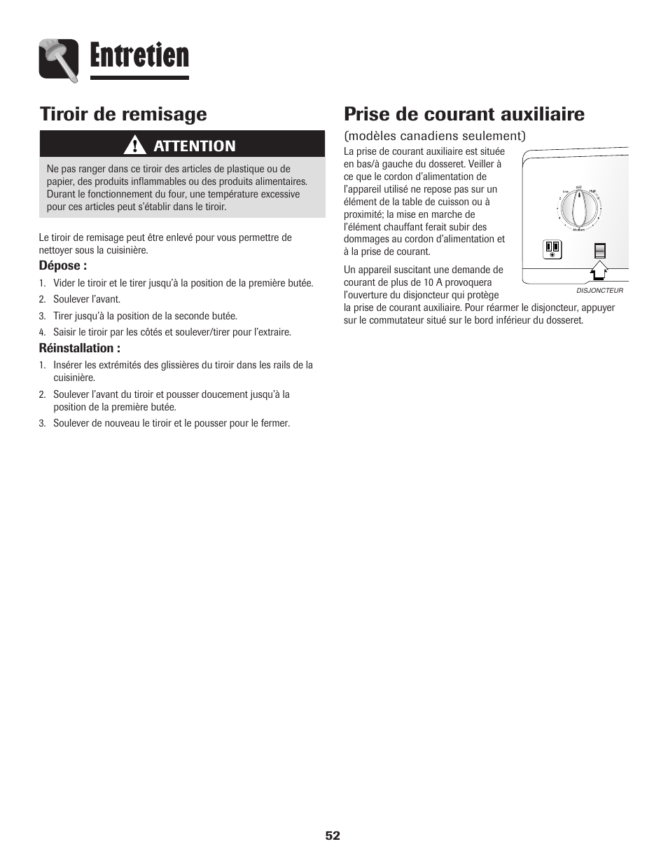 Entretien, Prise de courant auxiliaire, Tiroir de remisage | Maytag MER5875RAF User Manual | Page 53 / 84