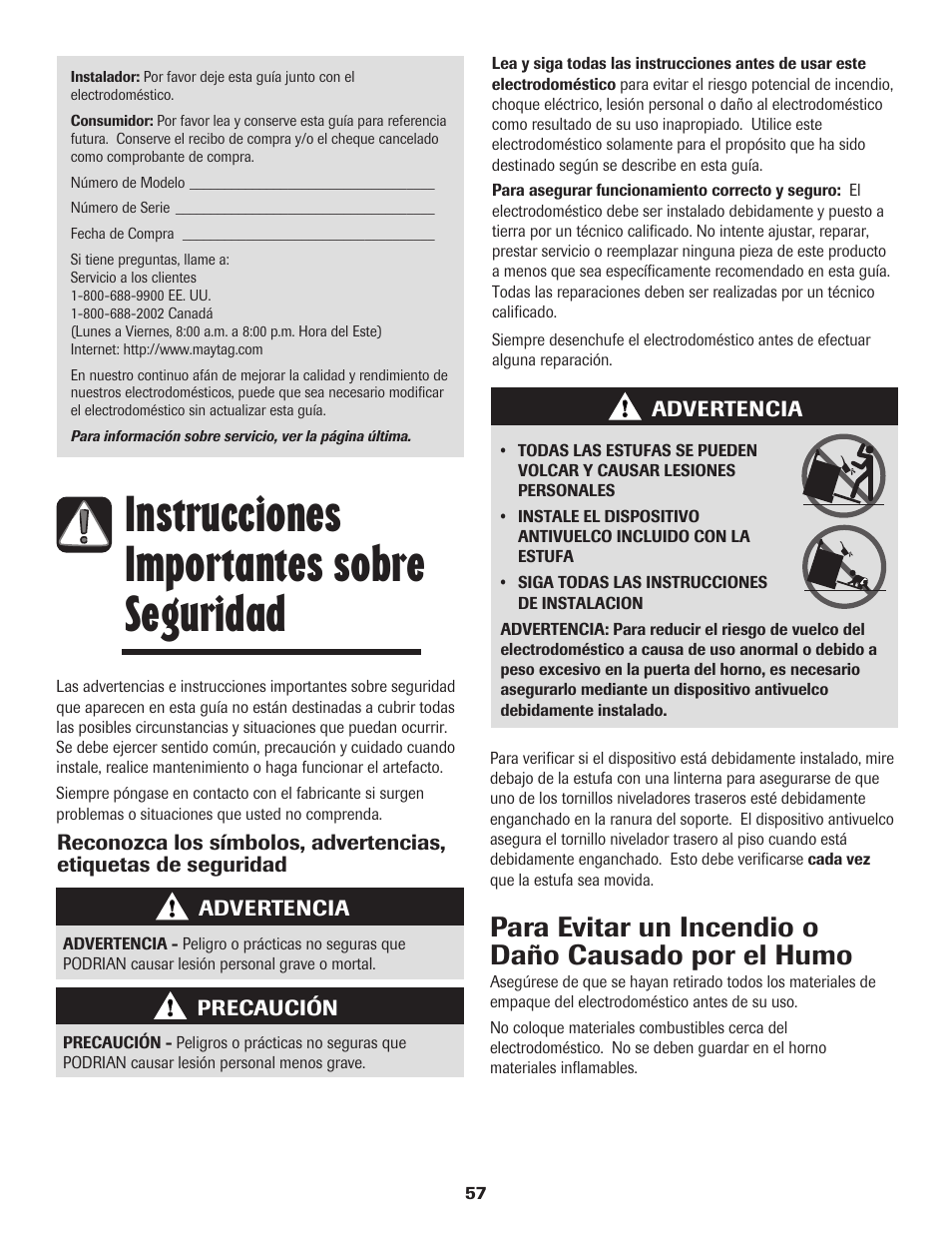 Instrucciones importantes sobre seguridad, Para evitar un incendio o daño causado por el humo | Maytag MER5875RAF User Manual | Page 58 / 84