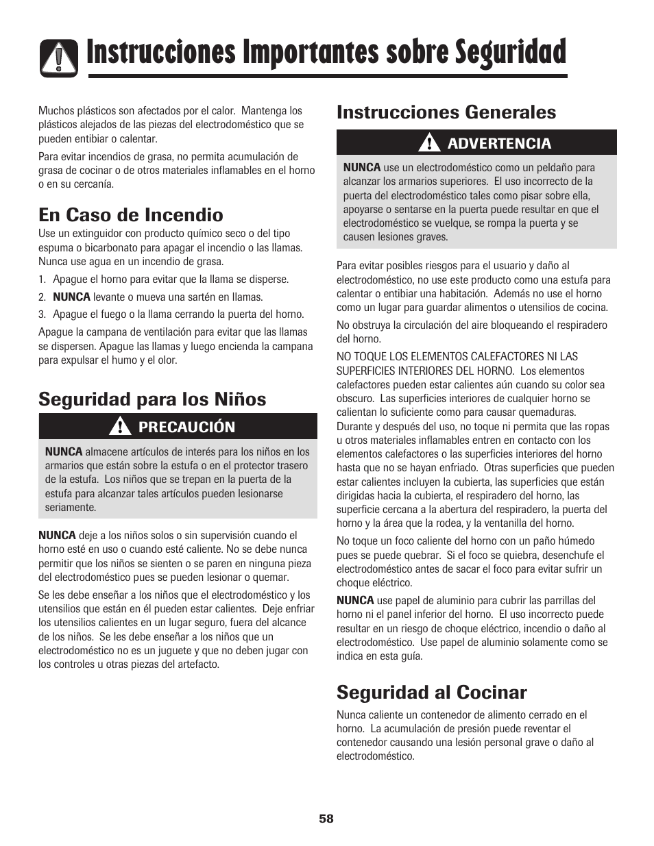 Instrucciones importantes sobre seguridad, En caso de incendio, Seguridad para los niños | Instrucciones generales, Seguridad al cocinar | Maytag MER5875RAF User Manual | Page 59 / 84