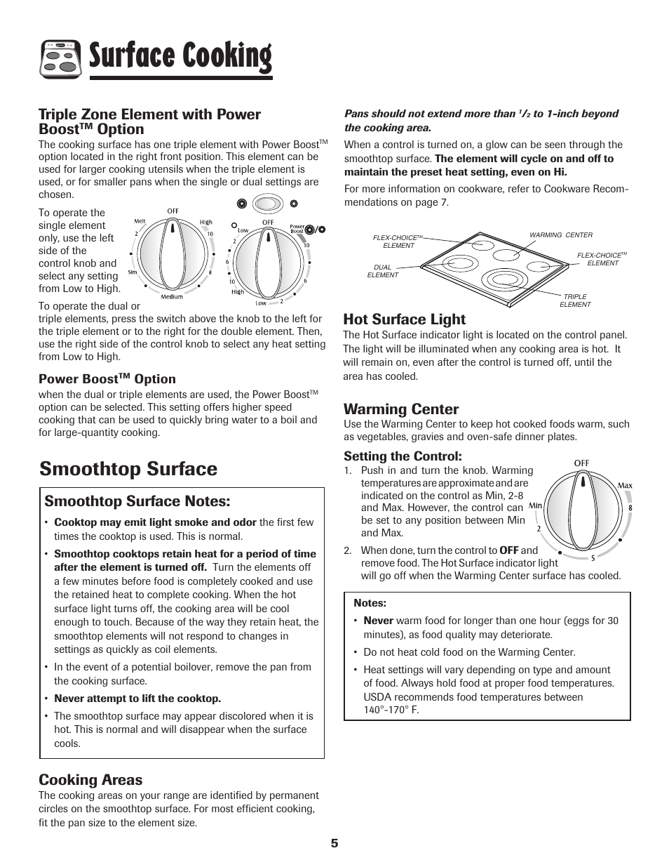 Surface cooking, Smoothtop surface, Cooking areas | Warming center, Triple zone element with power boost, Option, Hot surface light | Maytag MER5875RAF User Manual | Page 6 / 84