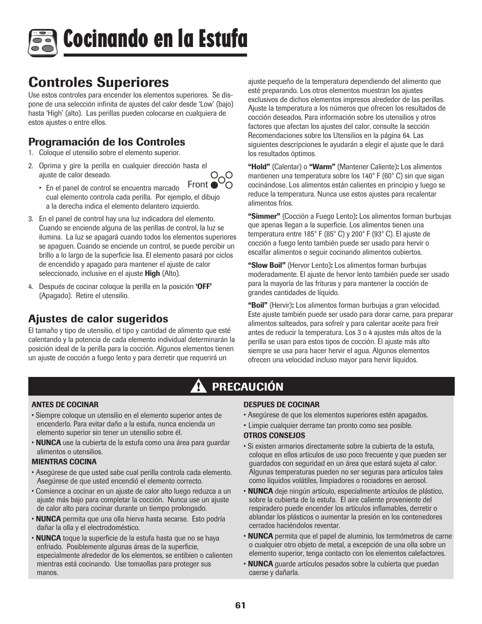 Cocinando en la estufa, Controles superiores, Programación de los controles | Ajustes de calor sugeridos, Precaución | Maytag MER5875RAF User Manual | Page 62 / 84