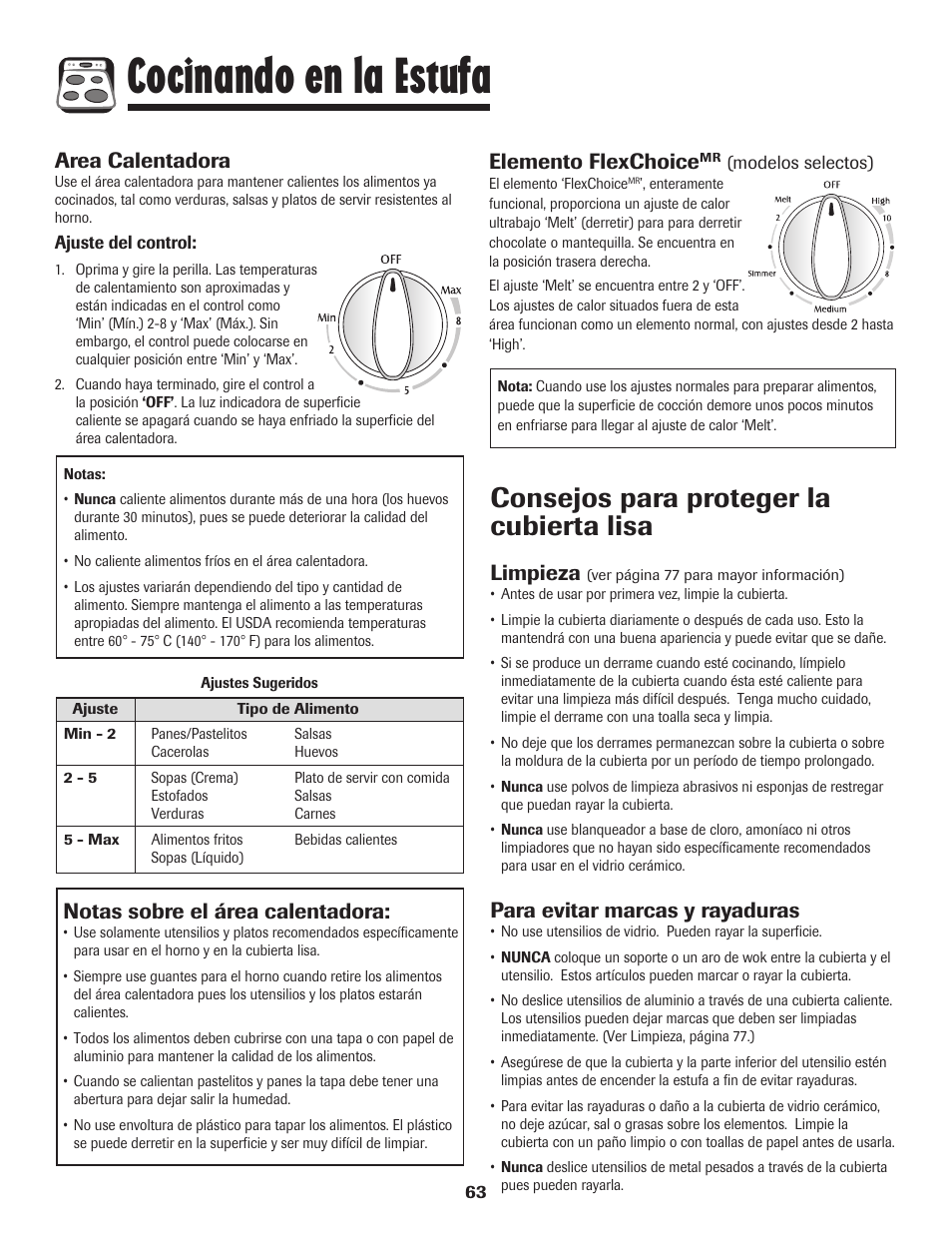 Cocinando en la estufa, Consejos para proteger la cubierta lisa, Limpieza | Para evitar marcas y rayaduras, Notas sobre el área calentadora, Elemento flexchoice, Area calentadora | Maytag MER5875RAF User Manual | Page 64 / 84