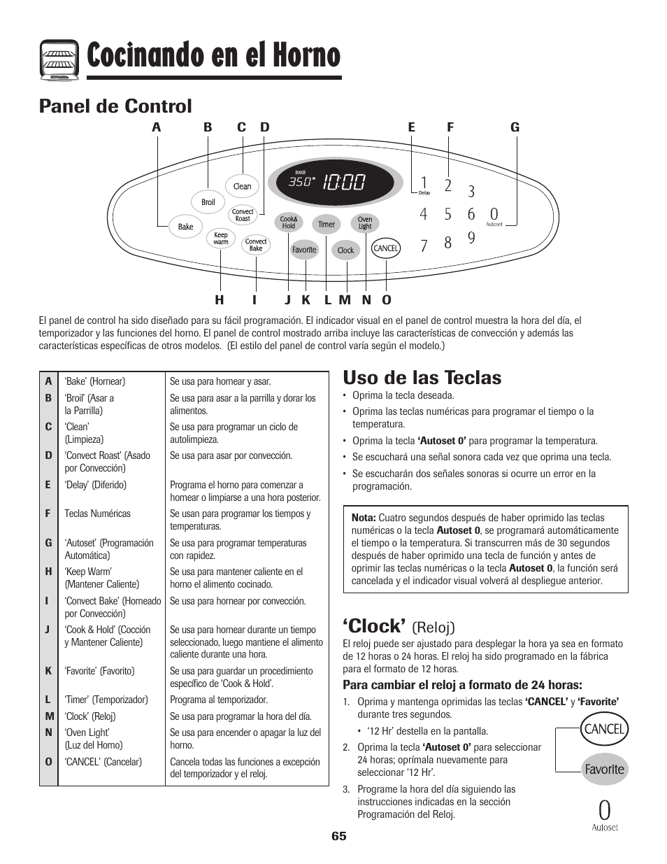 Cocinando en el horno, Panel de control, Uso de las teclas | Clock, Reloj) | Maytag MER5875RAF User Manual | Page 66 / 84