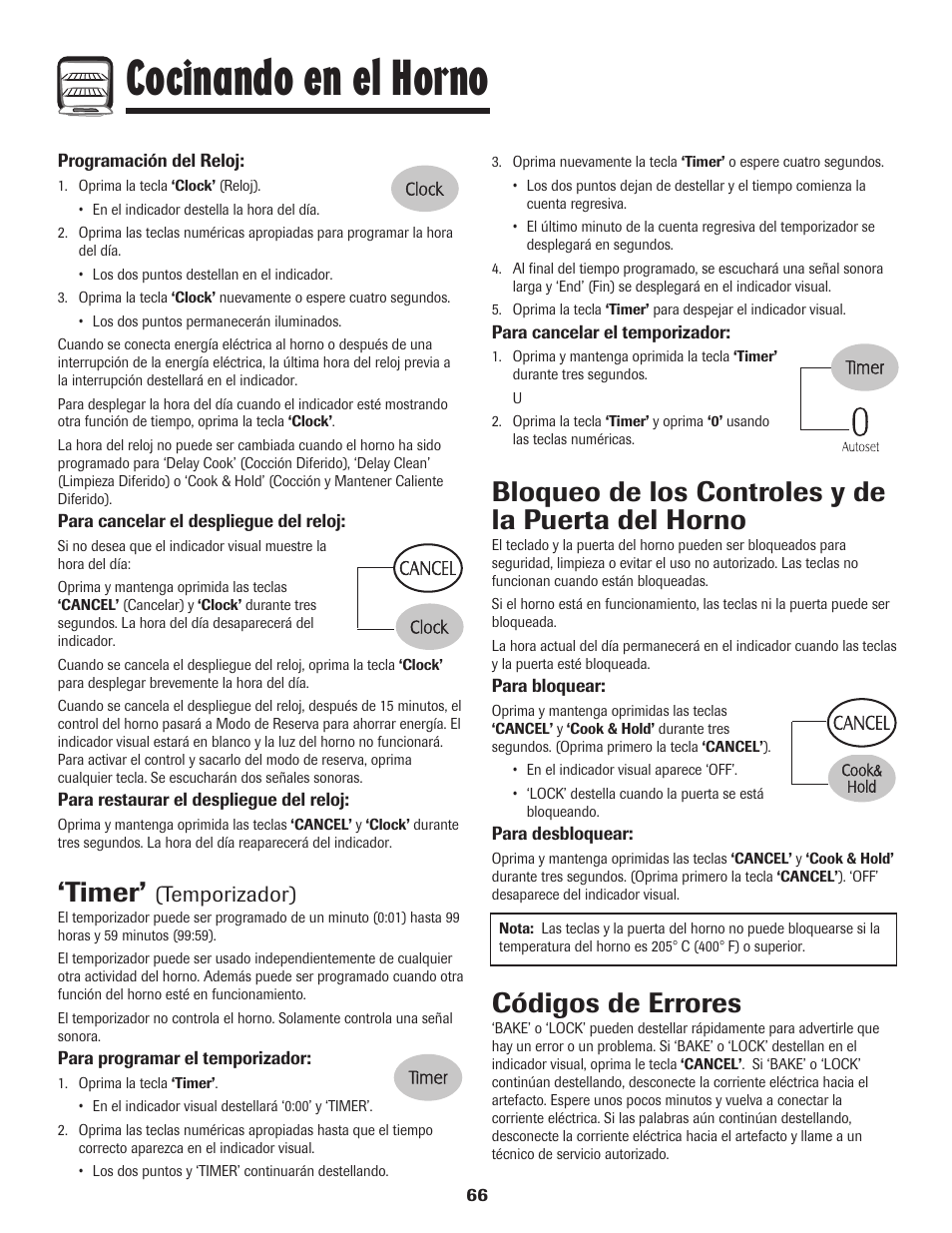 Cocinando en el horno, Timer, Bloqueo de los controles y de la puerta del horno | Códigos de errores, Temporizador) | Maytag MER5875RAF User Manual | Page 67 / 84