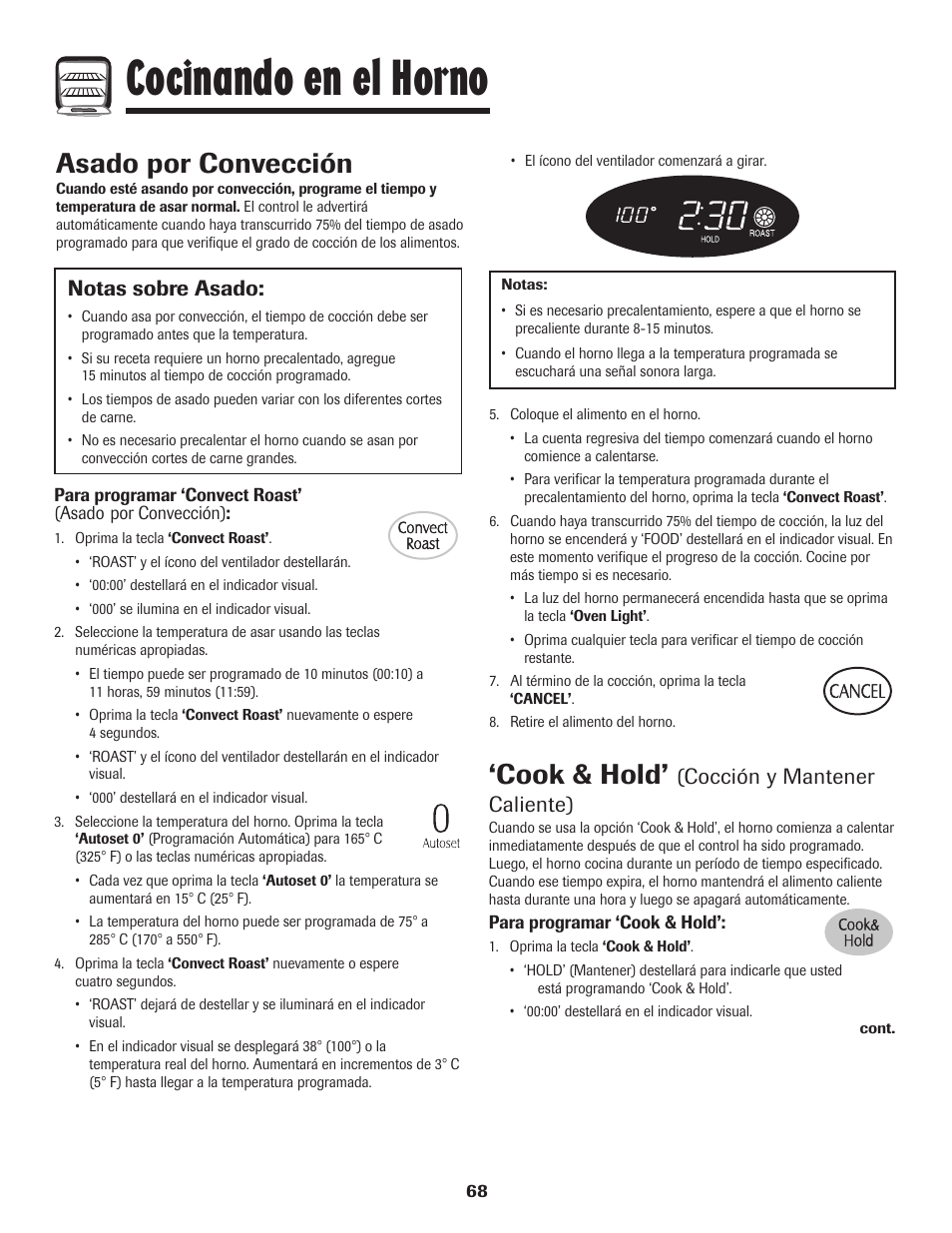 Cocinando en el horno, Asado por convección, Cook & hold | Notas sobre asado, Cocción y mantener caliente) | Maytag MER5875RAF User Manual | Page 69 / 84