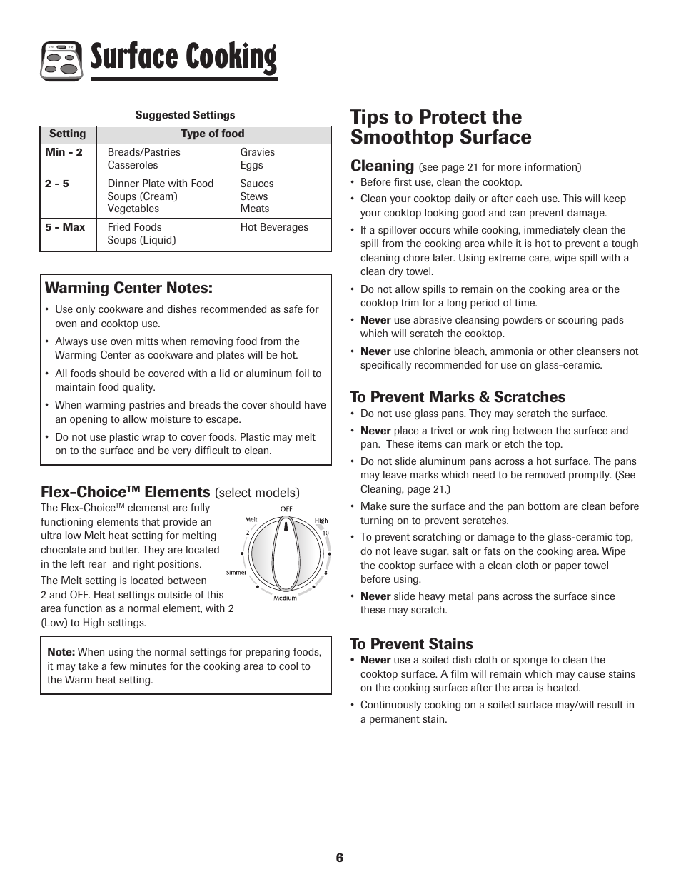 Surface cooking, Tips to protect the smoothtop surface, Cleaning | Flex-choice, Elements | Maytag MER5875RAF User Manual | Page 7 / 84