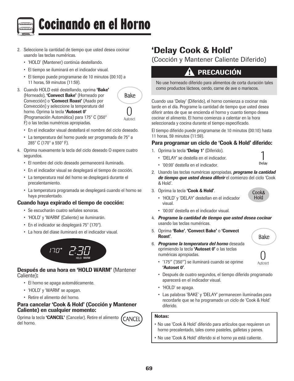 Cocinando en el horno, Delay cook & hold, Cocción y mantener caliente diferido) | Precaución | Maytag MER5875RAF User Manual | Page 70 / 84